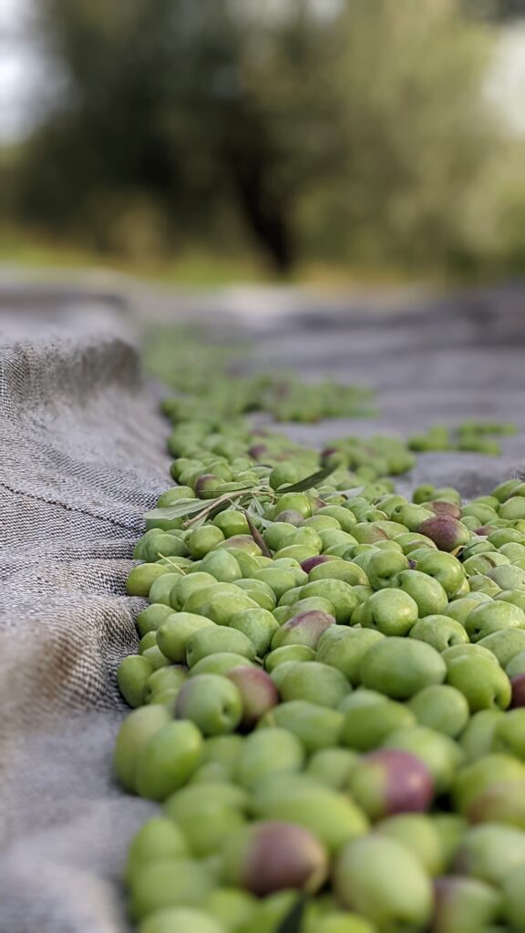 Line of freshly picked green olives resting on a grey net beneath blurred orchard trees.