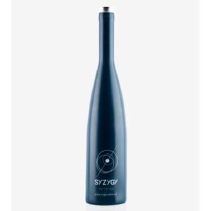 Sleek dark-teal SYZYGY extra virgin olive-oil bottle with minimalist orbital logo and silver rim