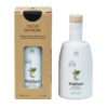 White Thallón organic extra-virgin olive-oil bottle with wooden cap beside kraft gift box.